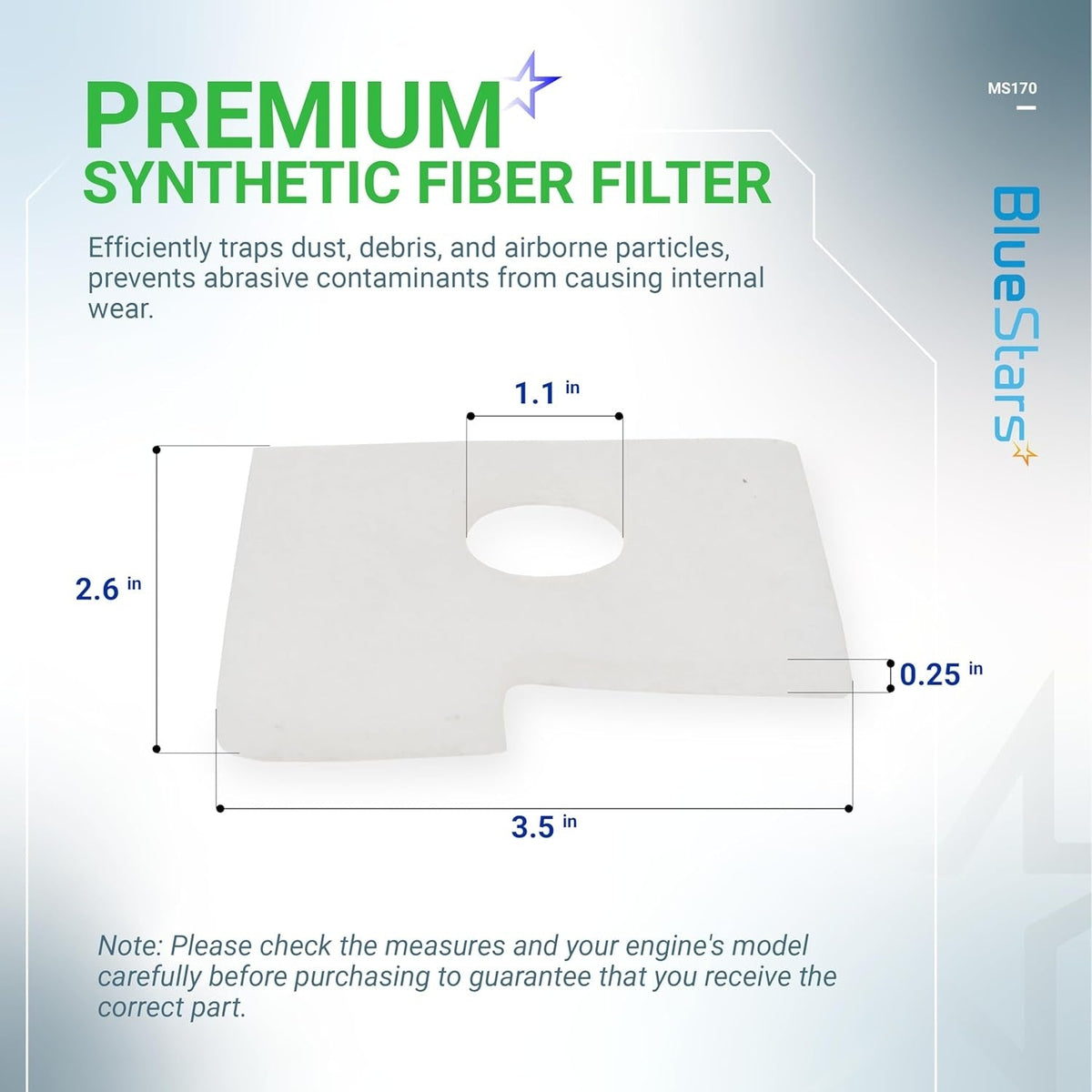 Synthetic fiber air filter for Stihl MS170 MS180 chainsaw with dimensions shown in inches.