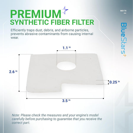 Synthetic fiber air filter for Stihl MS170 MS180 chainsaw with dimensions shown in inches.
