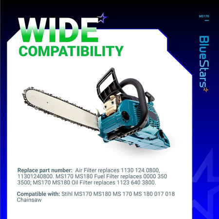 BlueStars chainsaw compatible with Stihl MS170 MS180 017 018 models showing wide compatibility.
