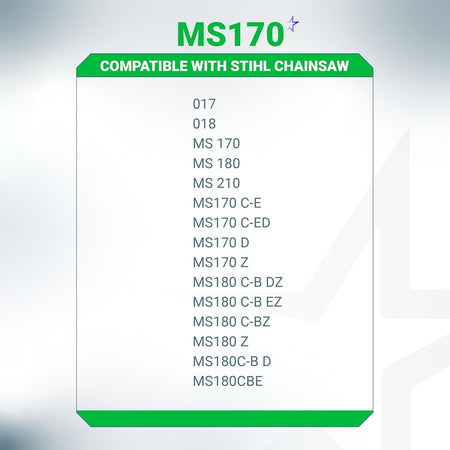 Compatibility chart for Stihl MS170 and MS180 chainsaw tune-up kit parts.