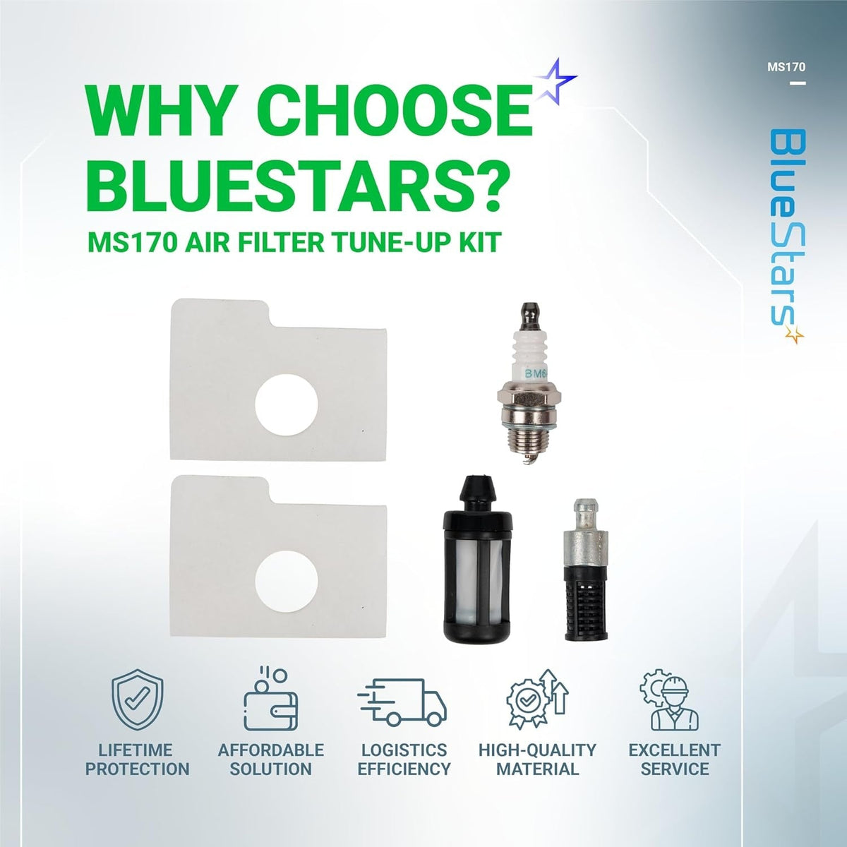 BlueStars MS170 MS180 chainsaw tune-up kit including air filters, spark plug, fuel filter, and oil filter.