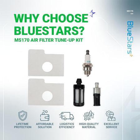 BlueStars MS170 MS180 chainsaw tune-up kit including air filters, spark plug, fuel filter, and oil filter.
