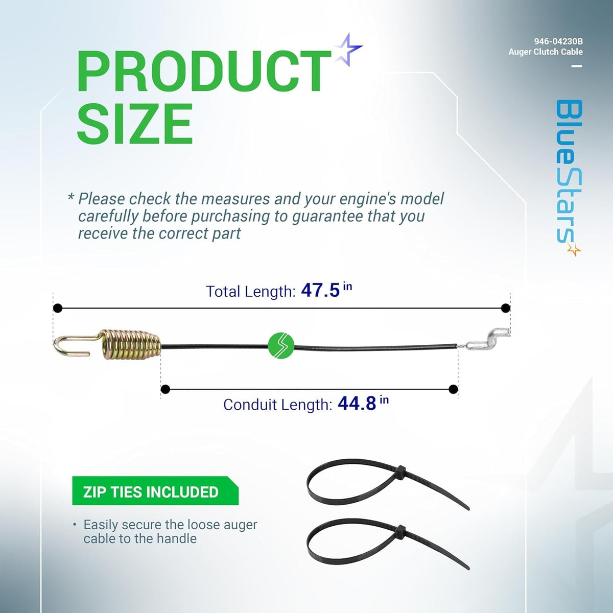 946-04230B auger clutch cable size diagram showing 47.5 inch total length and 44.8 inch conduit length with zip ties.