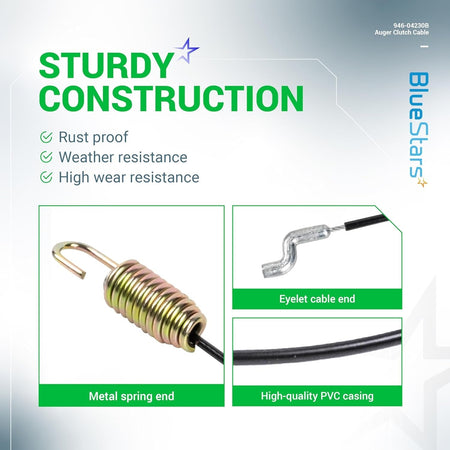 Infographic showing construction details of 946-04230B auger clutch cable including spring, eyelet end, and PVC casing.