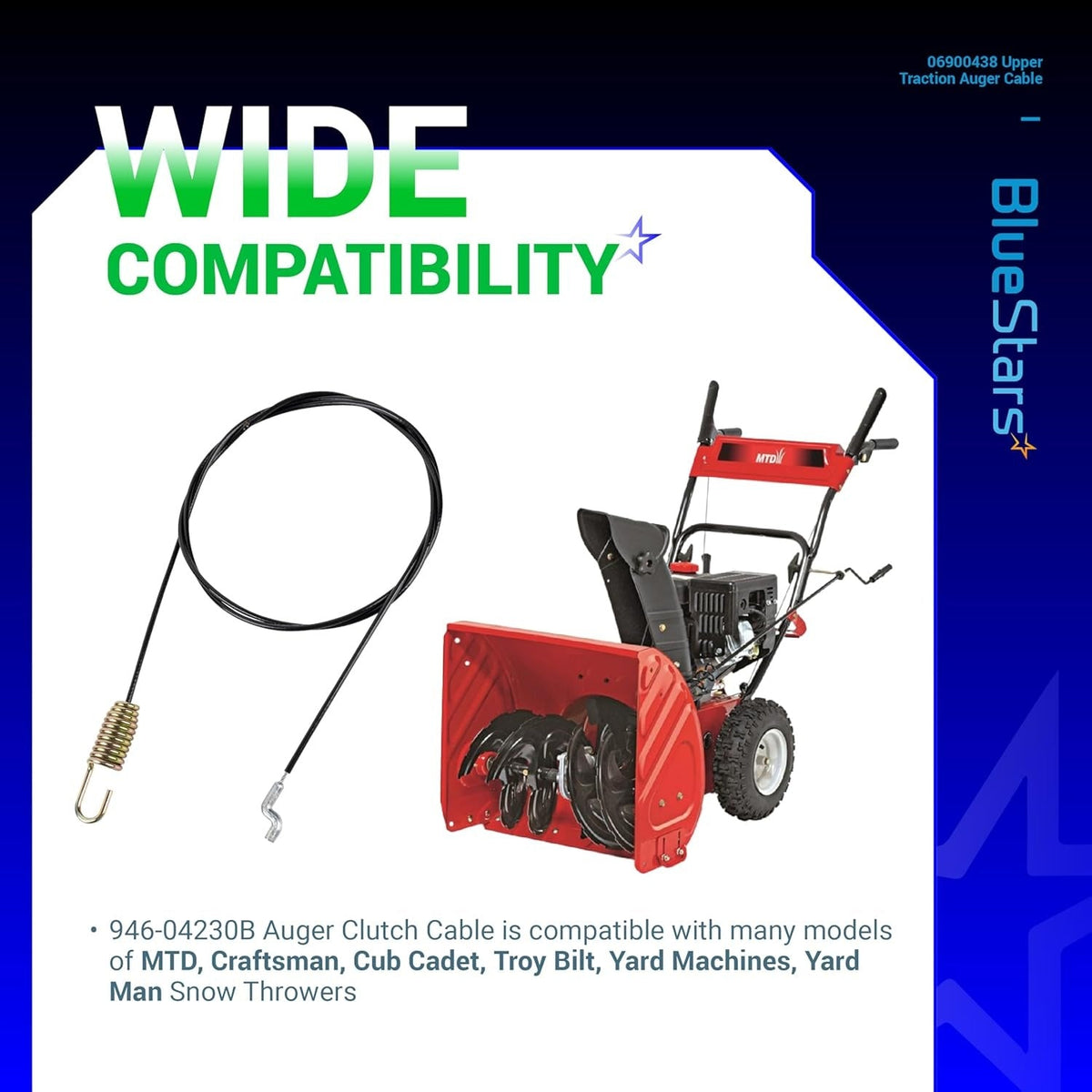 946-04230B auger clutch cable for MTD, Craftsman, and Cub Cadet snow throwers shown with compatible snow blower model.