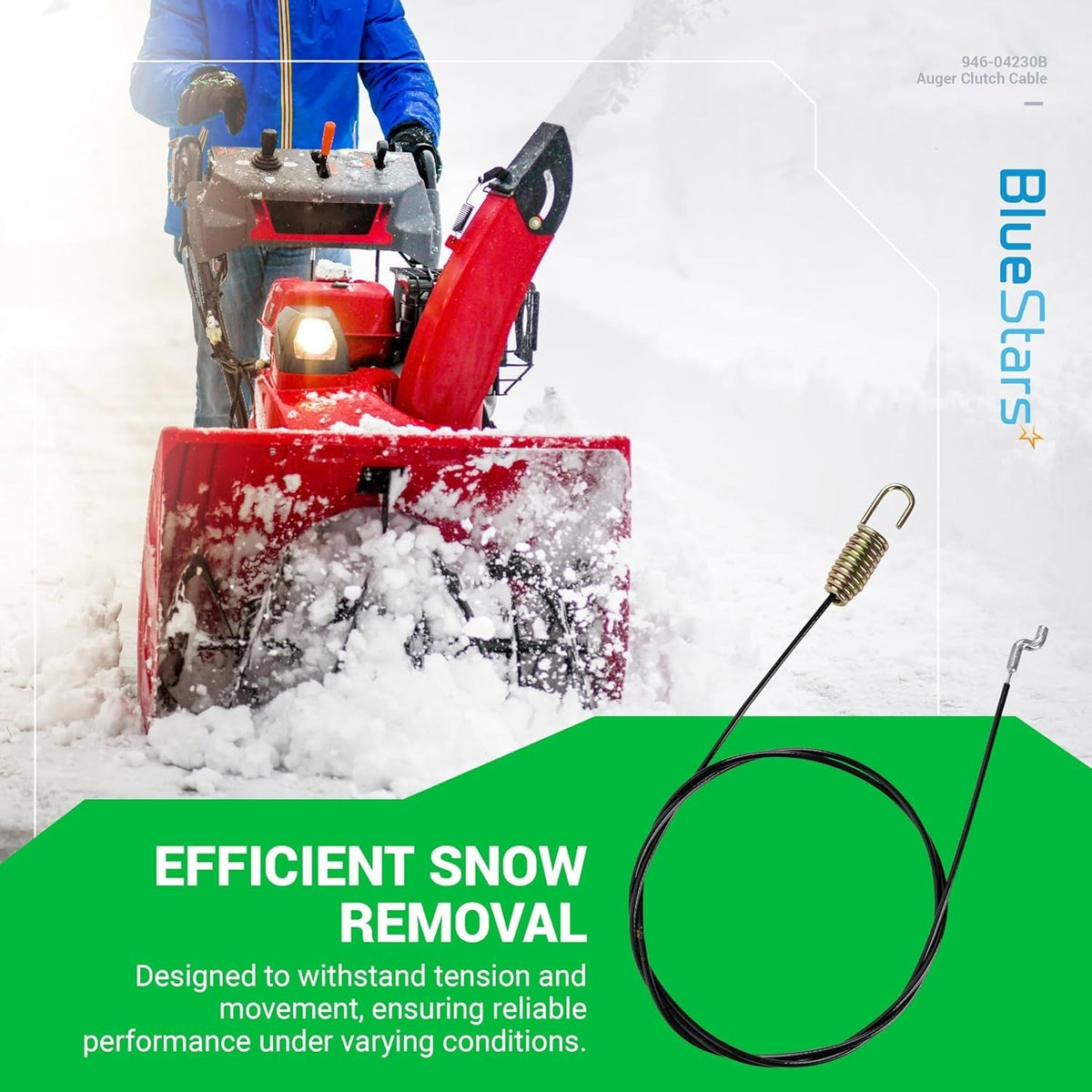 946-04230B auger clutch cable for snow blowers with metal spring and hook end.