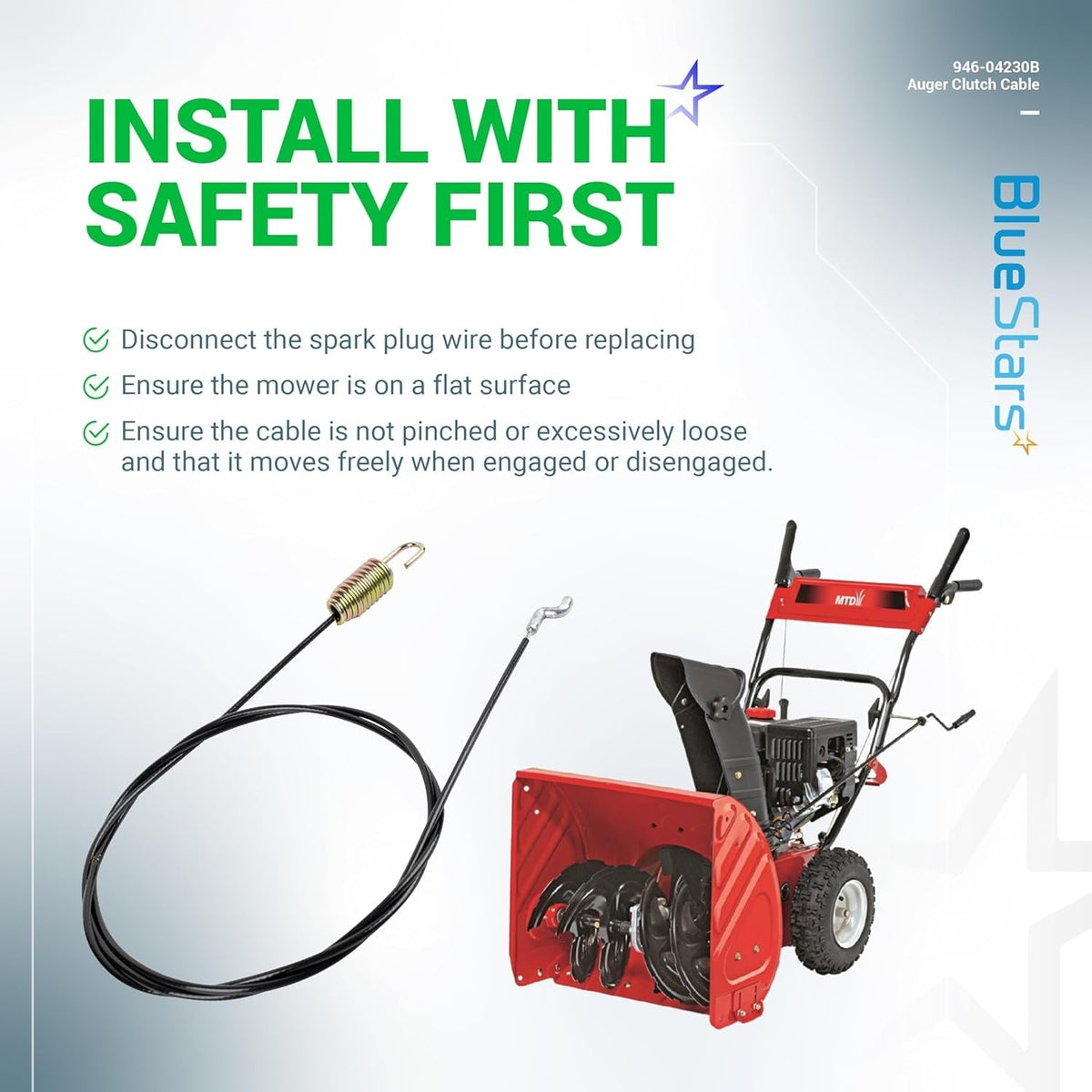 946-04230B auger clutch cable with safety installation instructions for snow blowers.