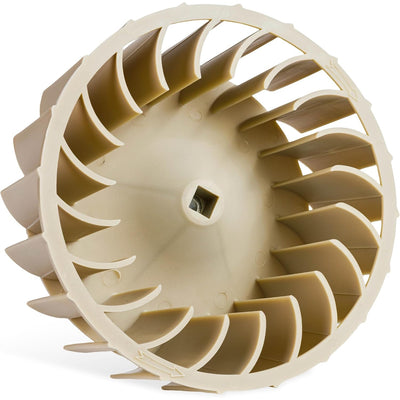 Beige plastic dryer blower wheel replacement part with square center shaft mount.