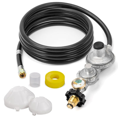 10ft two-stage propane regulator hose with gauge, P.O.L tank connection, and accessories on white background.