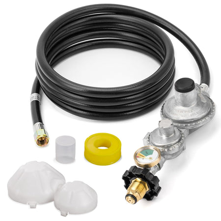 10ft two-stage propane regulator hose with gauge, P.O.L tank connection, and accessories on white background.