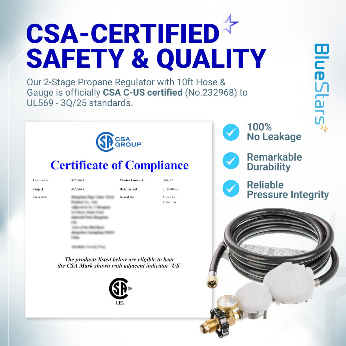 CSA-certified 10ft two-stage propane regulator hose with gauge and compliance certificate.