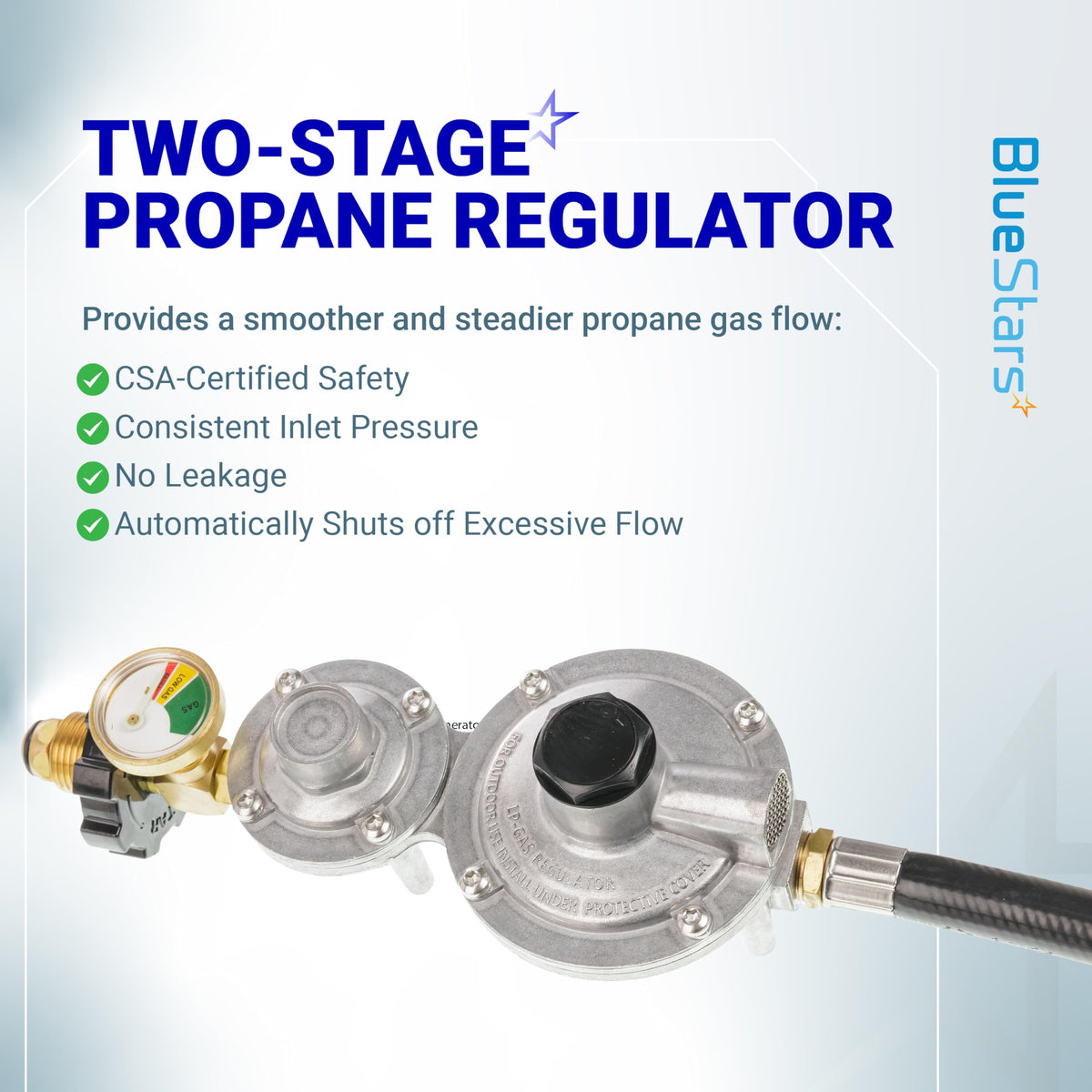 Two-stage propane regulator with integrated gas pressure gauge and P.O.L. tank connection.