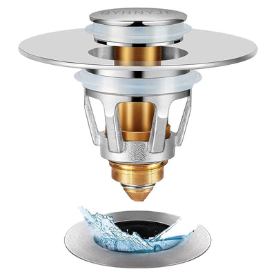 Pop-up bathroom sink drain plug with spring core design hovering above a sink drain opening.