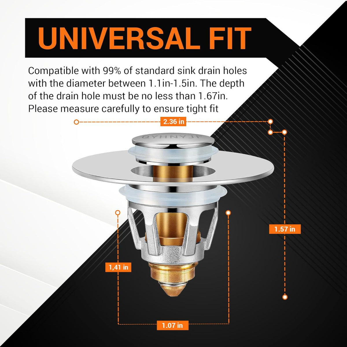 Bathroom sink pop-up drain plug with technical dimension diagram showing universal fit for 1.1 to 1.5 inch drain holes.