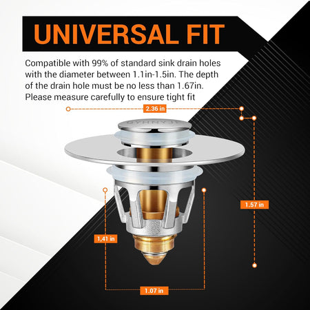Bathroom sink pop-up drain plug with technical dimension diagram showing universal fit for 1.1 to 1.5 inch drain holes.