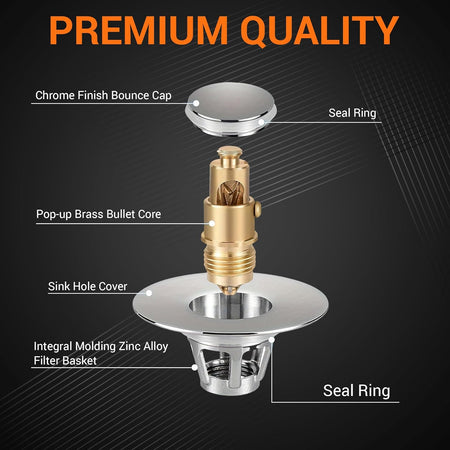 Exploded view diagram of bathroom sink pop-up drain plug showing brass spring core, chrome cap, and filter basket.