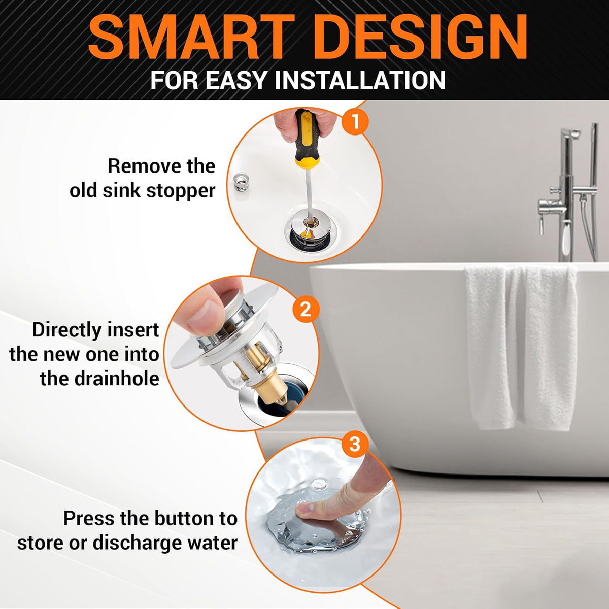 Three-step installation guide for bathroom sink pop-up drain plug showing removal, insertion, and operation.