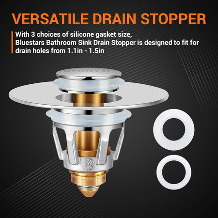 Bathroom sink pop-up drain stopper with interchangeable silicone gaskets for 1.1 to 1.5-inch drain holes.