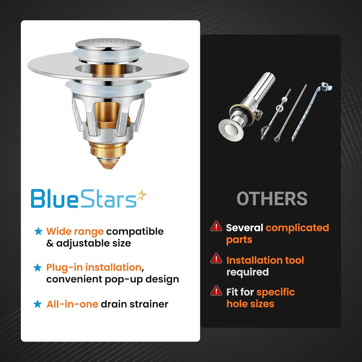 Comparison graphic showing BlueStars 3-in-1 pop-up bathroom sink stopper versus traditional complicated drain plugs.