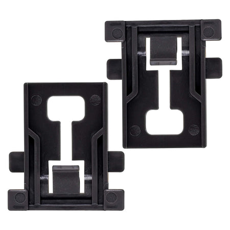 Two black W10195840 dishwasher rack adjuster positioners for Whirlpool, Kenmore, and KitchenAid dishwashers.