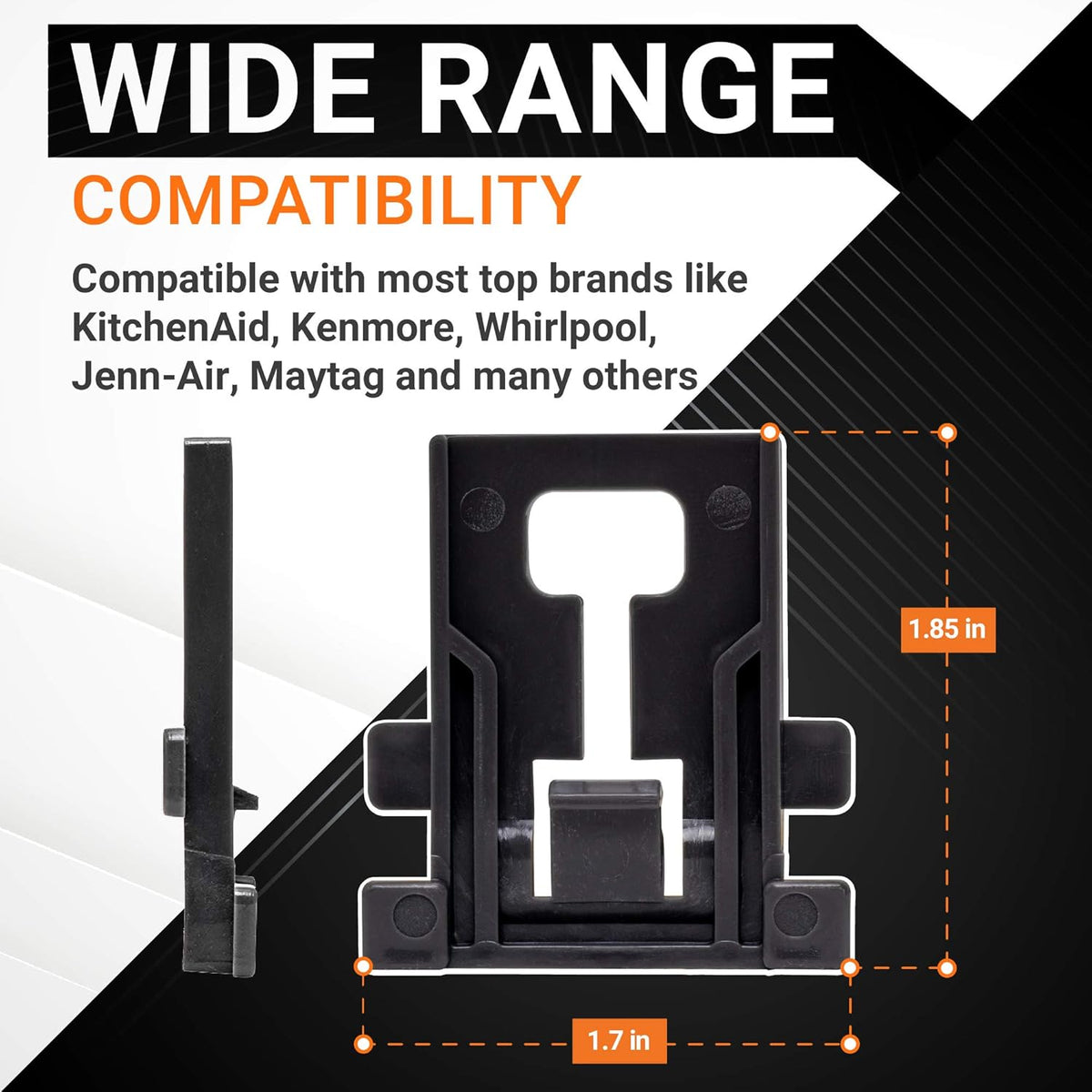 W10195840 dishwasher rack adjuster positioner showing dimensions and compatibility for Whirlpool and Kenmore appliances.