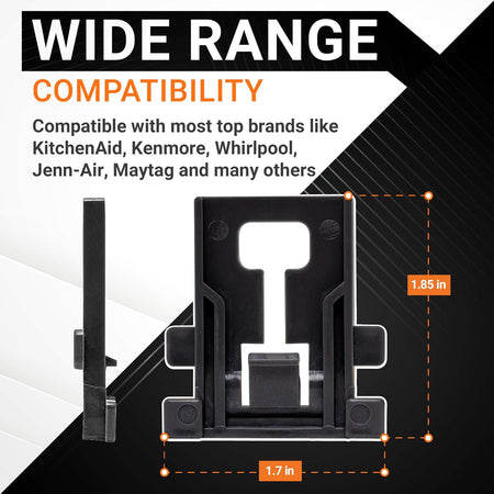 W10195840 dishwasher rack adjuster positioner showing dimensions and compatibility for Whirlpool and Kenmore appliances.