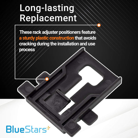 Close-up of a black plastic W10195840 dishwasher rack adjuster positioner with text highlighting its durable construction.