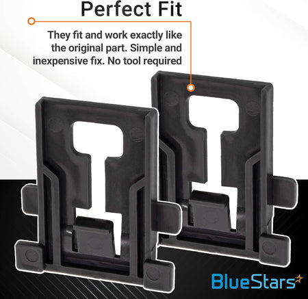 Two black W10195840 dishwasher rack adjuster positioners with text overlay highlighting perfect fit compatibility.