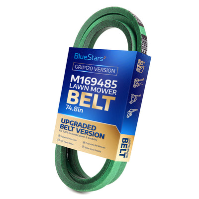 M169485 green primary deck belt for John Deere lawn tractors in BlueStars branded retail packaging.