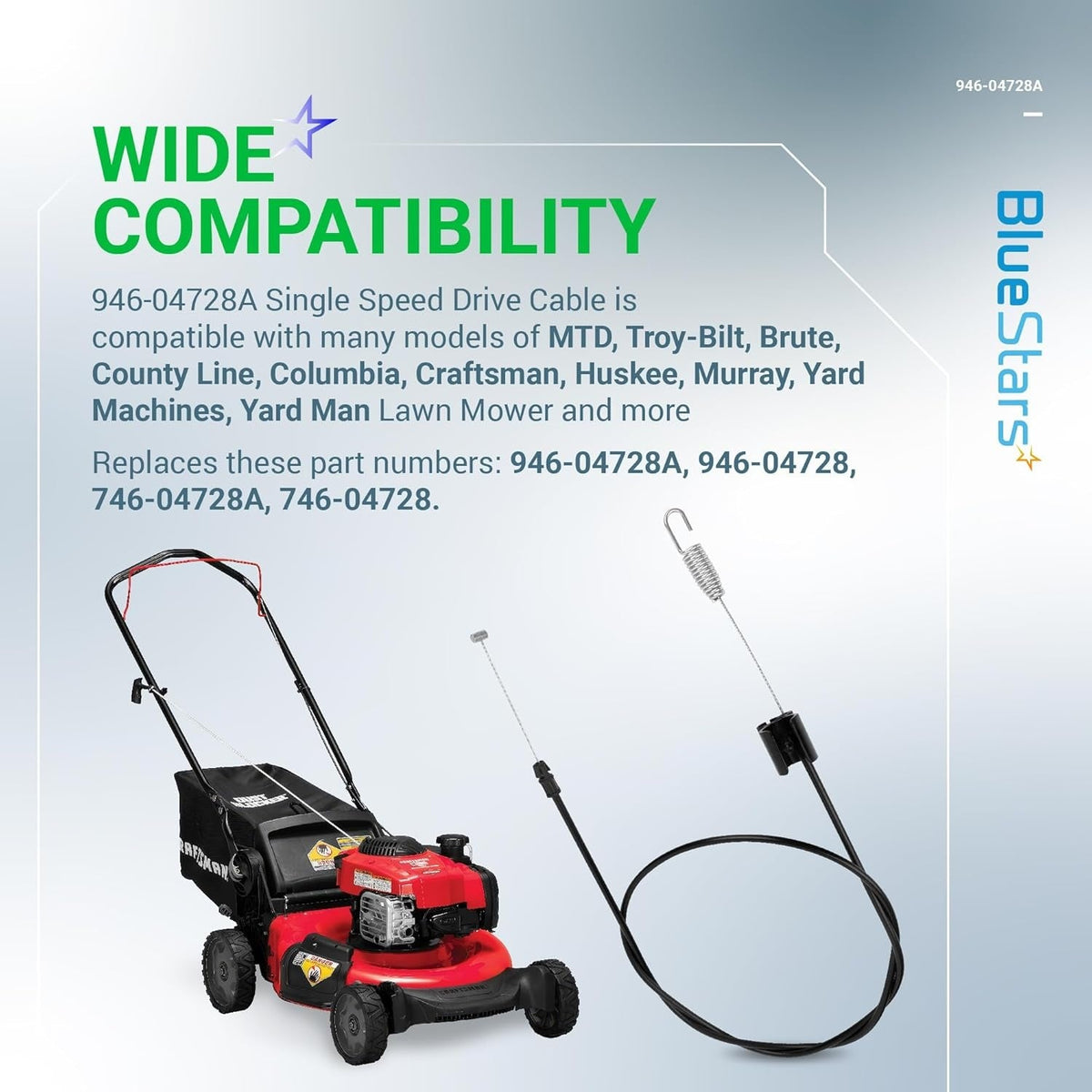 946-04728A single speed drive cable for lawn mowers with compatibility information graphic.