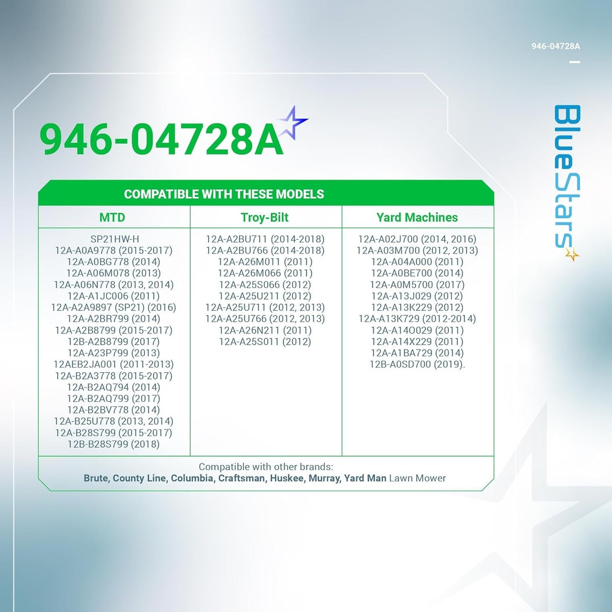 Compatibility chart for 946-04728A single speed drive cable listing MTD, Troy-Bilt, and Yard Machines mower models.