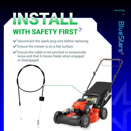 Installation guide for 946-04728A single speed drive cable showing lawn mower placement and safety instructions.
