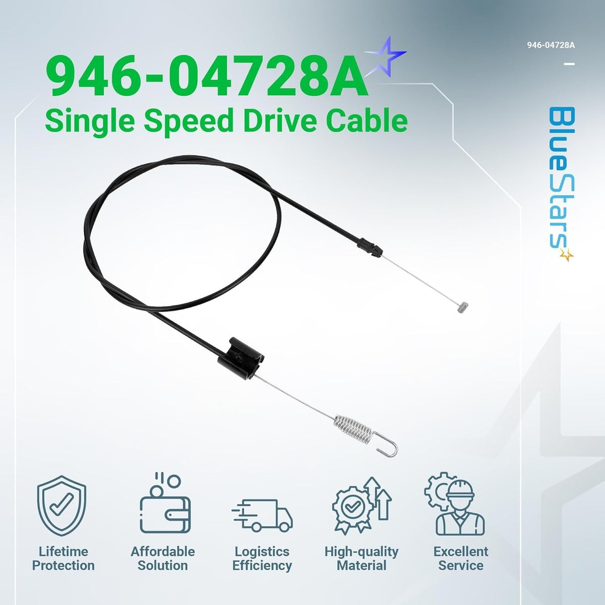 946-04728A single speed drive cable for lawn mowers on branded promotional background.