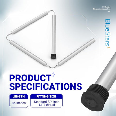 44-inch flexible magnesium anode rod for water heaters with 3/4-inch NPT threaded fitting.