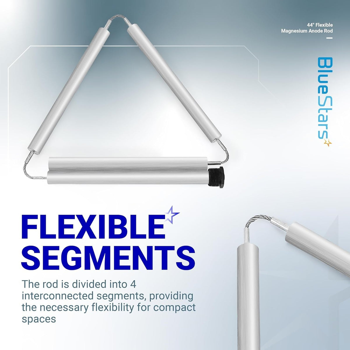 44-inch flexible magnesium anode rod with four interconnected segments for water heater installation in compact spaces.