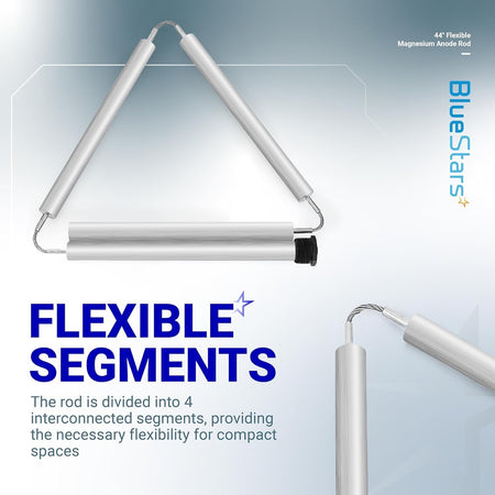 44-inch flexible magnesium anode rod with four interconnected segments for water heater installation in compact spaces.
