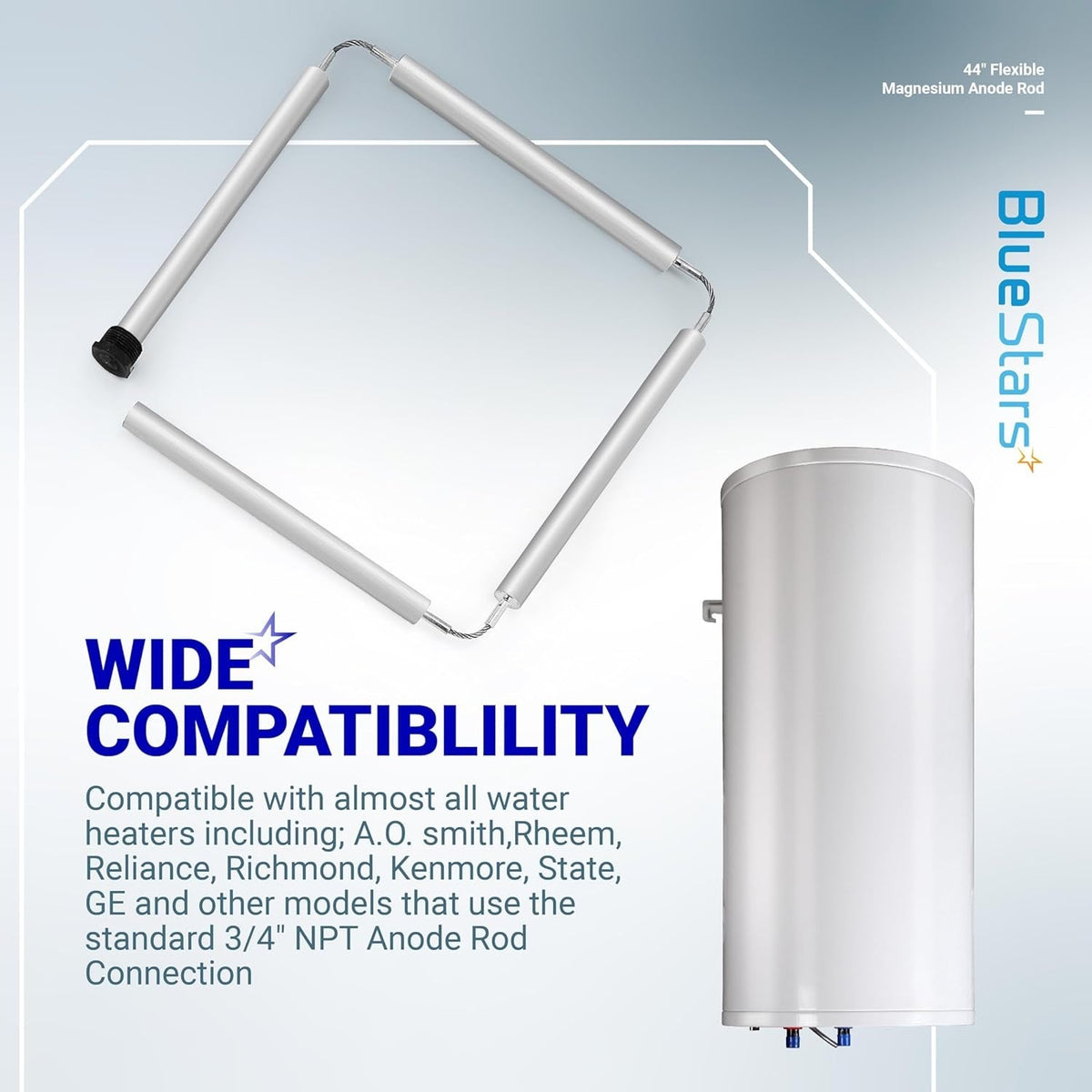 44-inch flexible magnesium anode rod for water heaters with compatibility information and water heater illustration.