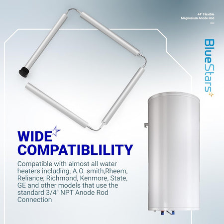 44-inch flexible magnesium anode rod for water heaters with compatibility information and water heater illustration.