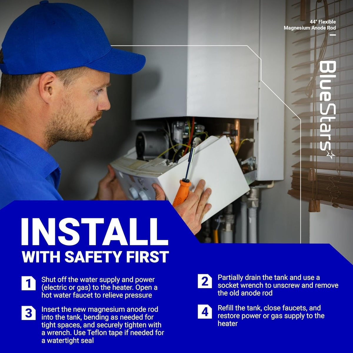 Technician installing a 44-inch flexible magnesium anode rod with step-by-step safety instructions.