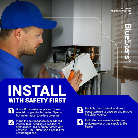 Technician installing a 44-inch flexible magnesium anode rod with step-by-step safety instructions.