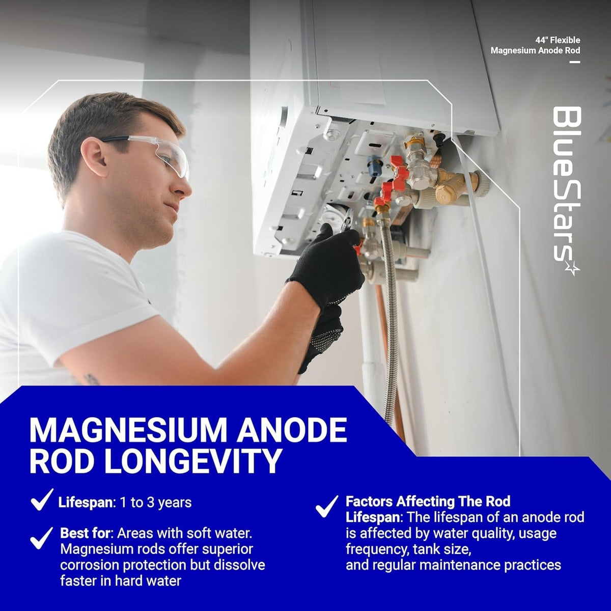 Technician installing a 44-inch water heater magnesium anode rod with informational text on rod longevity.