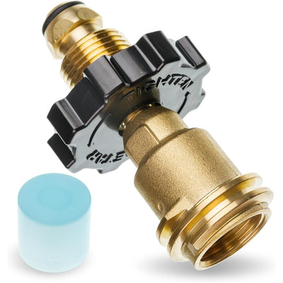 Brass propane tank adapter converting POL to QCC1 with a black tightening knob and protective blue dust cap.
