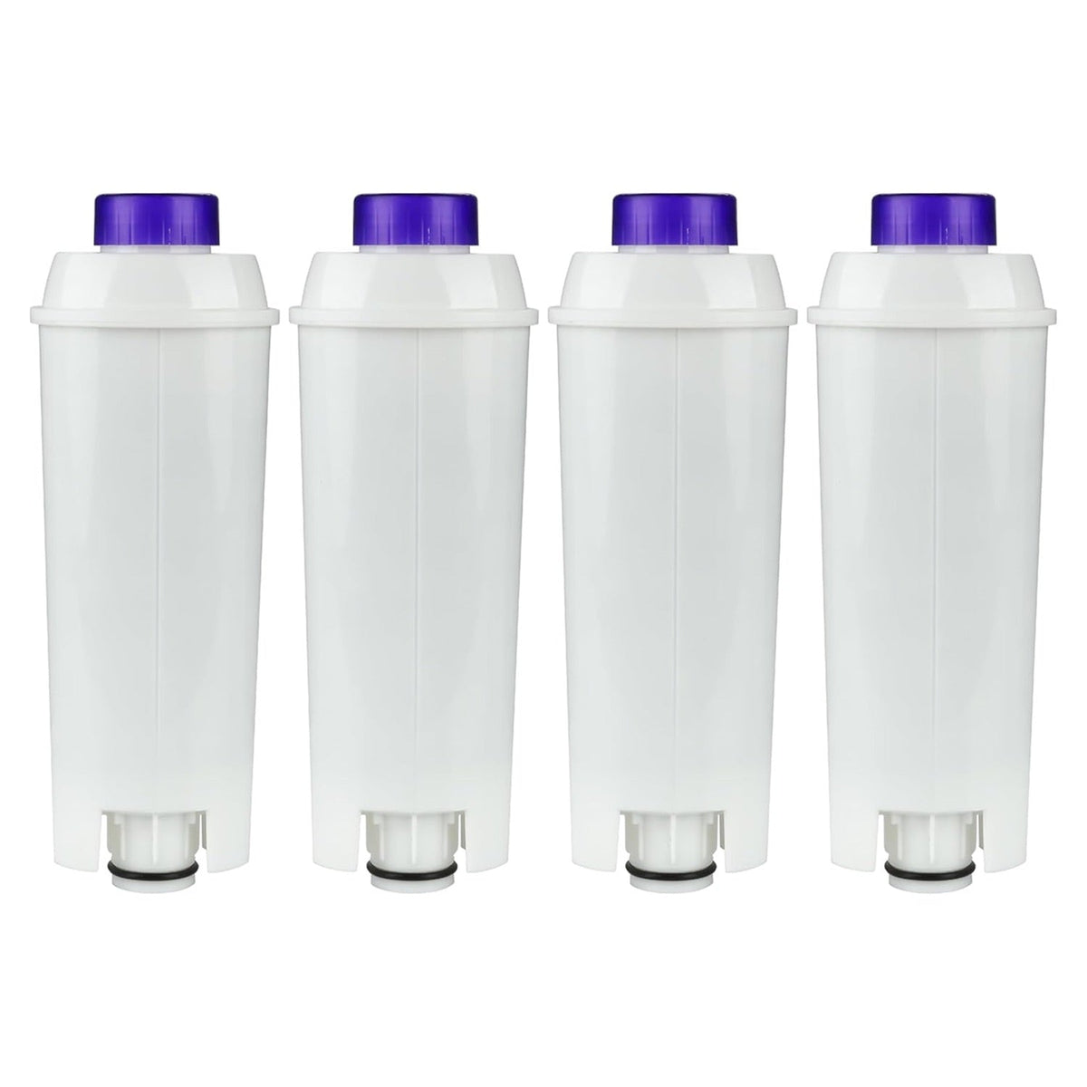 Pack of four white replacement water filters for Delonghi coffee machines with purple caps.