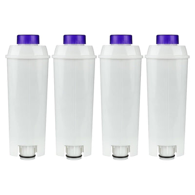 Pack of four white replacement water filters for Delonghi coffee machines with purple caps.