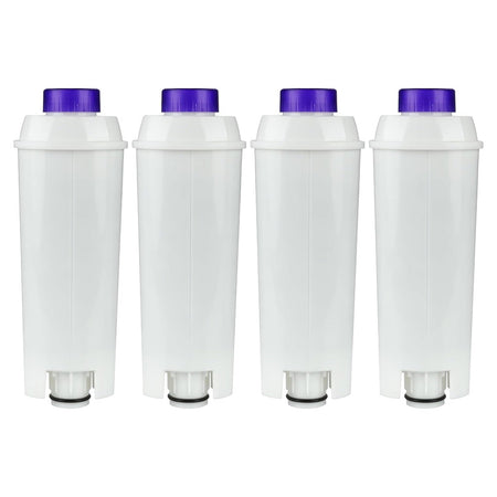 Pack of four white replacement water filters for Delonghi coffee machines with purple caps.