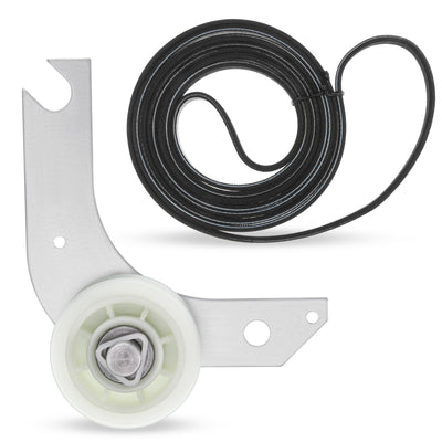 Dryer idler pulley assembly and replacement drive belt for Frigidaire and Kenmore dryers.