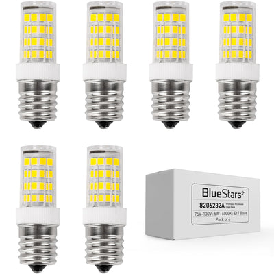 Pack of 6 5W E17 LED bulbs with 6000K cold daylight and product packaging box.