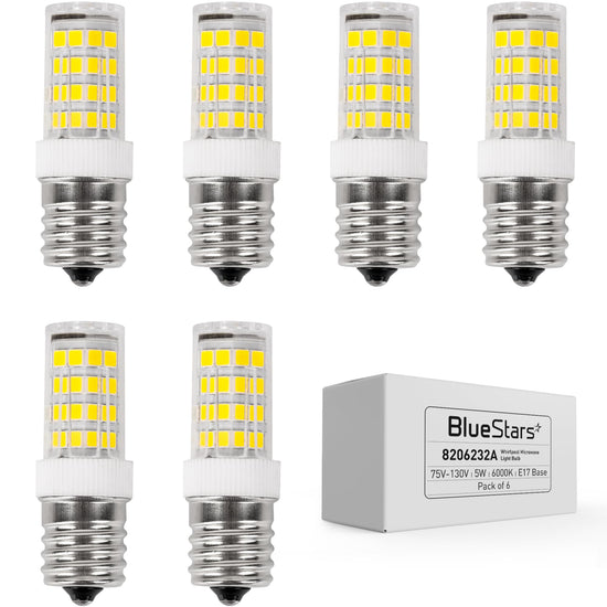 Pack of 6 5W E17 LED bulbs with 6000K cold daylight and product packaging box.