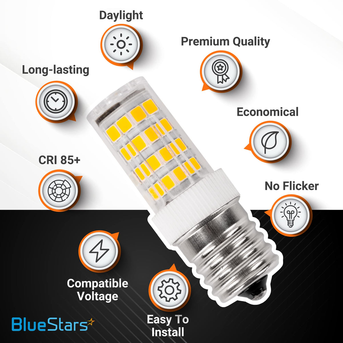 Single 5W E17 LED bulb with infographic icons highlighting features like daylight, long-lasting, and no flicker.