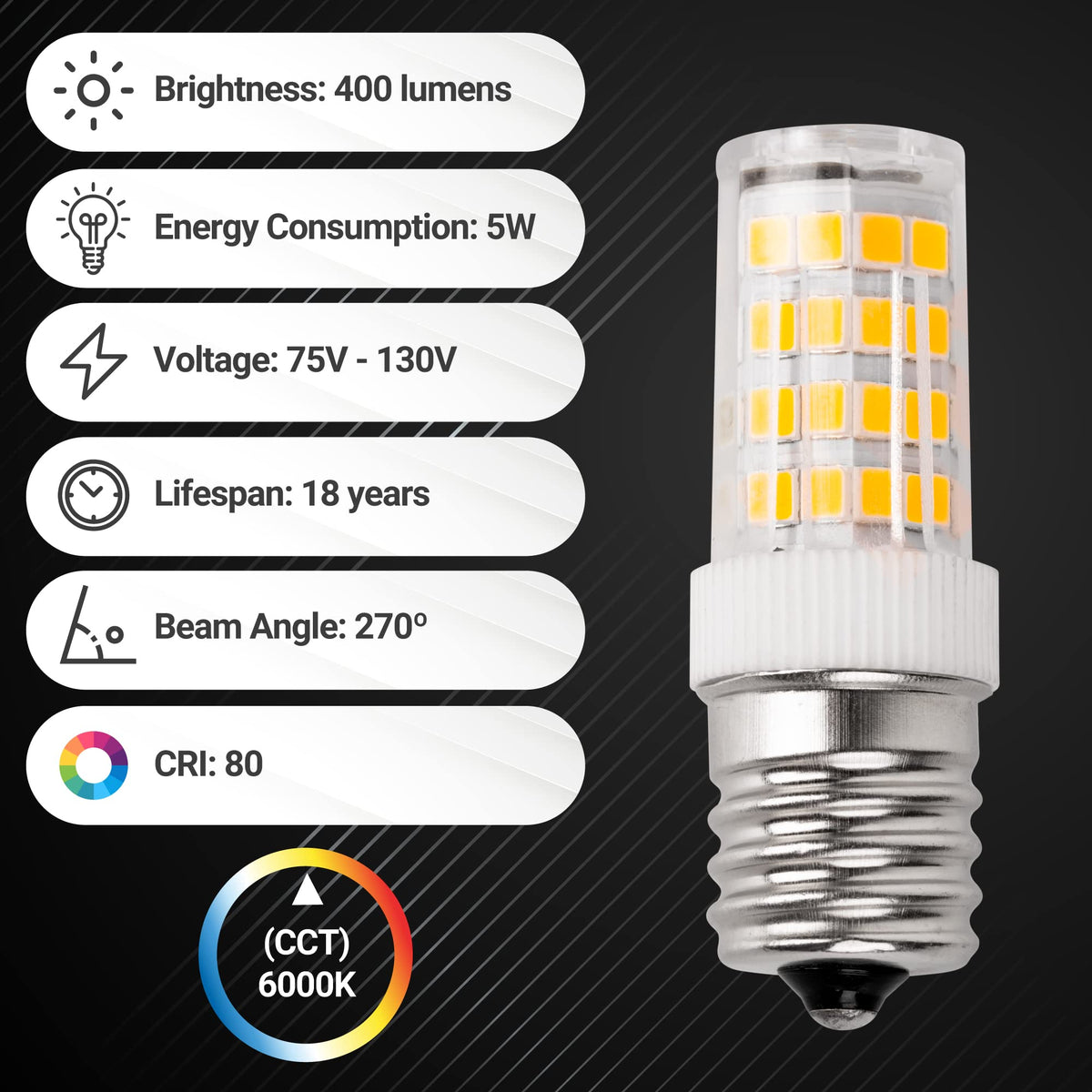 Single 5W E17 LED bulb with technical specification infographic showing brightness, voltage, and 6000K color temperature.